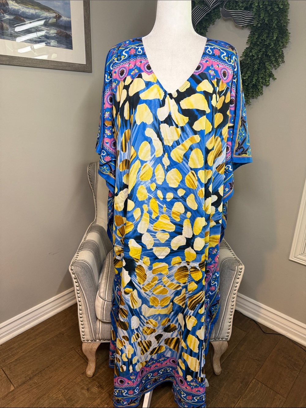 Blue & Yellow Printed V-Neck Swim Coverup Kaftan